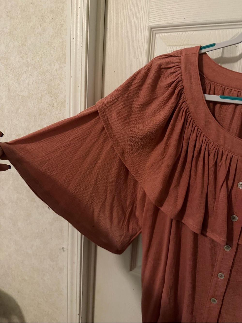 Womens Plus Size Rust Ruffle Button-Front Top - Picture 3 of 4